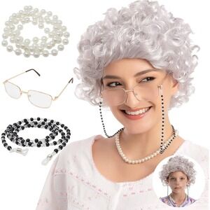 Spooktacular Creations Curly Silver/Grey Old Lady Wig Set Granny Costume Access